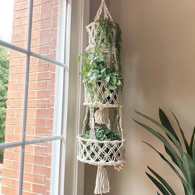 SnugLife Macrame 3 Tier Hanging Basket - Space Saving Hanging Fruit Basket for Kitchen or Decorative Boho Decor Hanging Plant Holder - Use for Produce Baskets, Indoor Planter Hangers, 42 Inches Beige