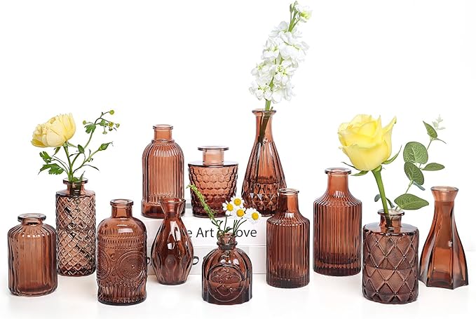 TBWIND 12-Piece Glass Bud Vase Set – Small Caramel Coffee Brown Etched Glass Vases with Unique Shapes and Weighted Base for Windowsills, Bathrooms, and Table Centerpiece Décor
