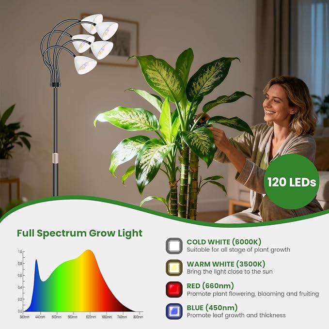 Wolezek Grow Lights for Indoor Plants Full Spectrum with Stand, 5-Head 120 LEDs Floor Plant Grow Lamp for Large Plants, Auto ON/Off Timer 6/12/16H, 5 Dimmable Levels, Adjustable Height 16.5"-61"