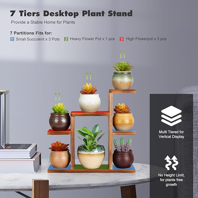Small Desk Plant Stand 7 Tiers Window Sill Plant Shelf Tabletop Succulent Stand Wood Desktop Flower Pot Stand Holder Plant Rack for Windowsill Desktop Window Ledge Countertop Narrow Space