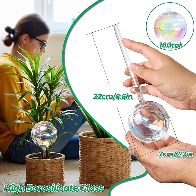 Plant Watering Globes Self Watering Planter - Indoor Outdoor Automatic Slow Release Watering Bulbs Iridescent Rainbow Glass Water Bulb for Houseplants 2 Pack