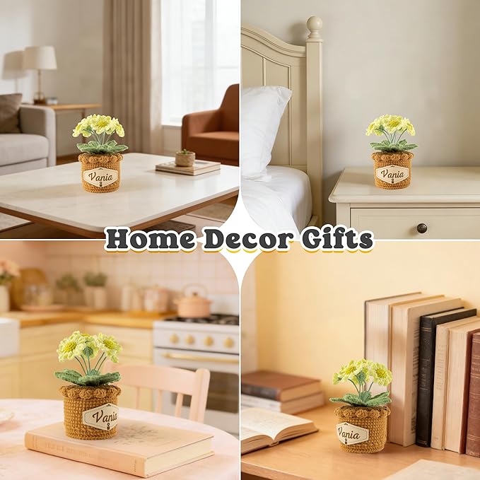 Crochet Flowers with Personalized Leather Name Tag Handmade Knitted Flowers for Home Office Desk Decor Crochet Daisy Potted Plant Crochet Gift for Women,Mom,Teacher, Friend, Birthday(Green)