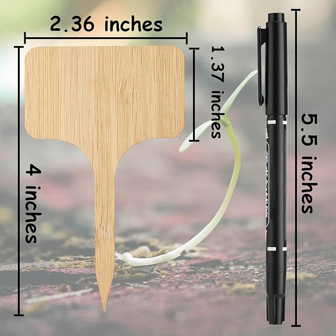 75Pcs Bamboo Plant Labels with 1 Marker Pen, T-Type Natural Seedling Nursery Sign Tags, Wood Garden Markers Decorative Patio Tags for Outdoor Indoor Potted Plants Herbs Flowers Vegetables