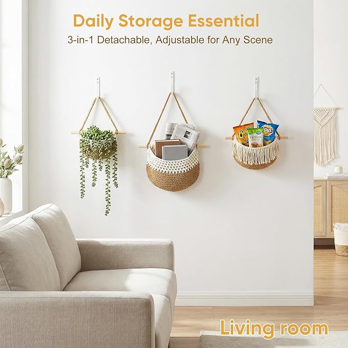 Boho Style Handwoven Rope Hanging Basket - 3-Tier Detachable Storage Organizer for Kitchen/Bathroom/Entryway, 3 Included Heavy-Duty Hooks, 7 Color Options Available (Brown)