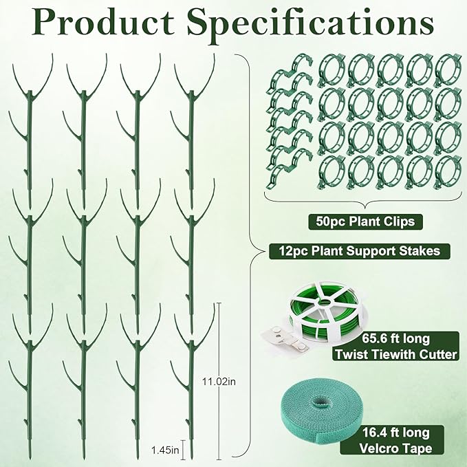 12pcs Plant Support Stakes, Monstera Plant Support Stakes for Indoor Plants with 20 Meter Binding Wire, 2 Meter Velcro Roll and 50 pcs plant clips, Perfect for Supporting Monstera and Climbing Plants