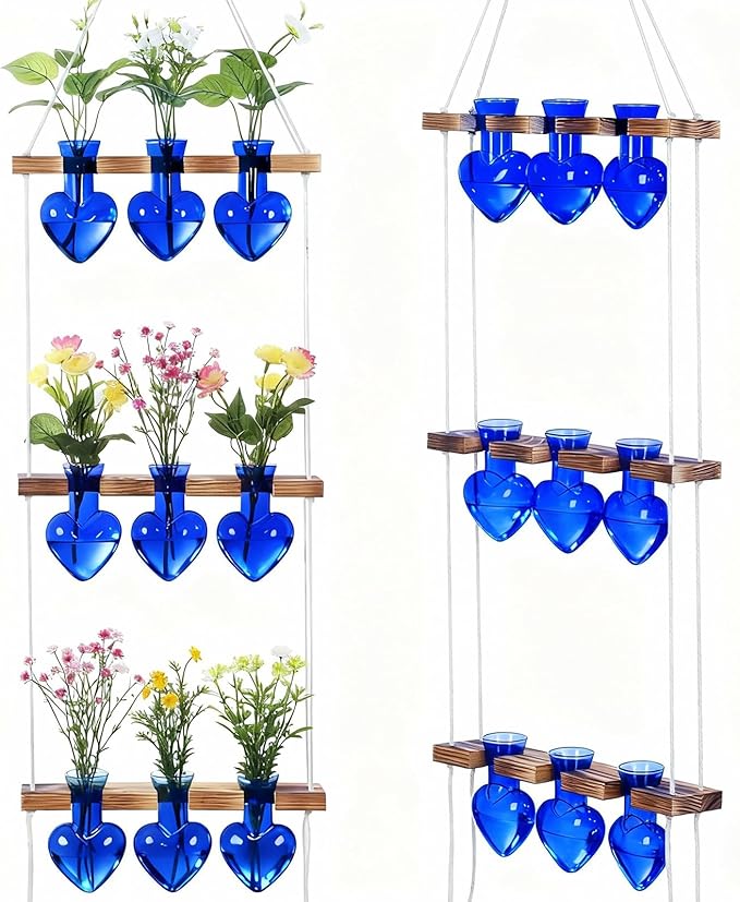 Leinuosen Wall Hanging Plant Propagation Stations Mother Gifts for Her Plant Lovers 3 Tiered 9 Heart Shaped Glass Vases Terrarium with Wooden Stand for Hydroponics Indoor Garden Home Decor(Blue)