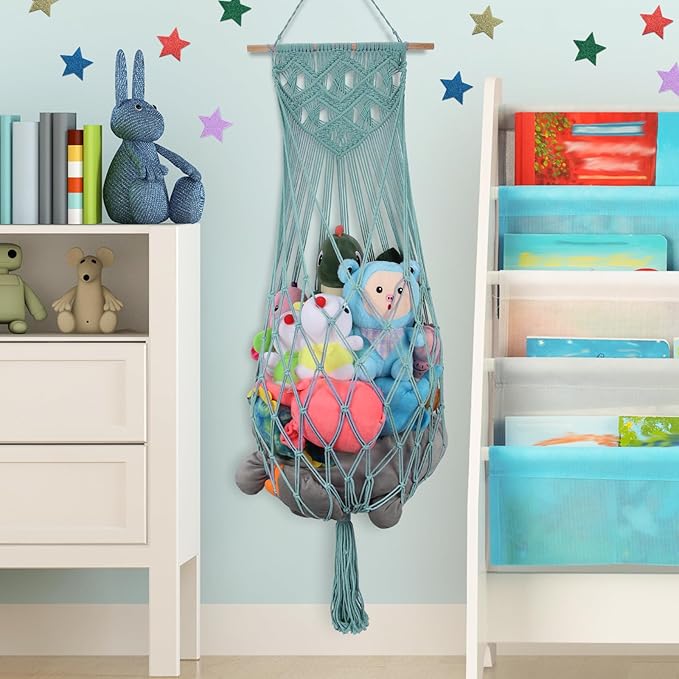 Stuffed Animal Storage Hammock, 63'' Jumbo Boho Macrame Corner Toy Hammock Wall Hanging Net Holder for Nursery Teddy Plushie, Turquoise Plush Toy Net with Star Light for Baby Boys Girls Gift