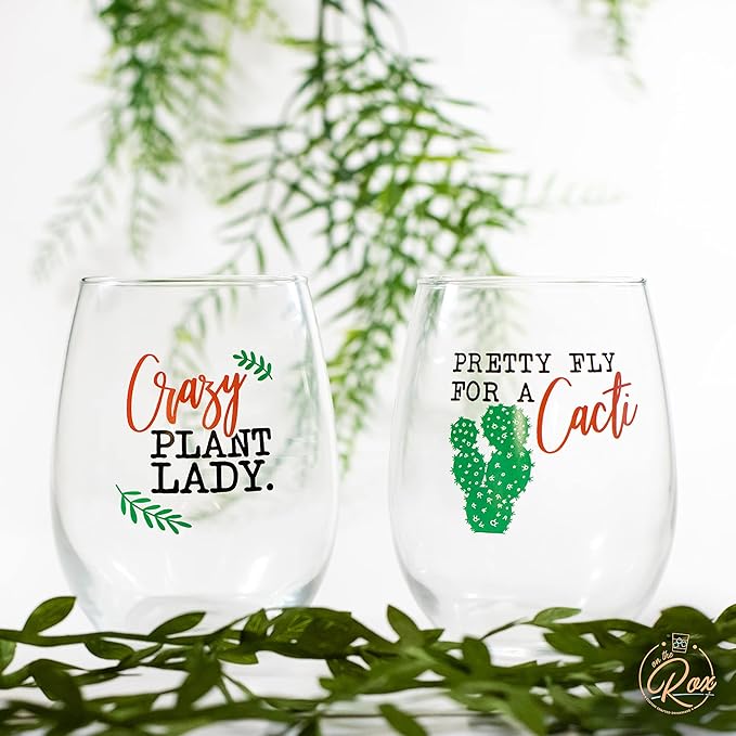 On The Rox Drinks Plant Lady Succulent Cactus Gifts for Women - Set of 2 Funny Wine Glasses 15oz - Pretty Fly For a Cacti - Crazy Plant Lady Wine Glass Tumbler