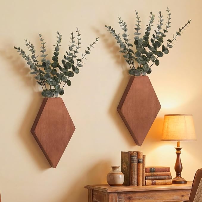 Chunful 2 Pcs Wooden Wall Planter Decor Hanging Faux Plants Greenery Flowers Holder Vase Boxes for Wall Bohemian Farmhouse Room Kitchen Office Indoor Decoration(Walnut Color,9.8 x 6.6 x 1.2 Inches)