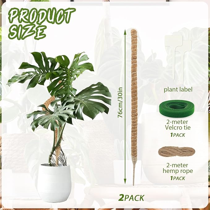 Deergo 30 Inch Moss Pole, 2 Pack Bendable Coconut Fiber Plant Support for Small Creeper Plants Climbing