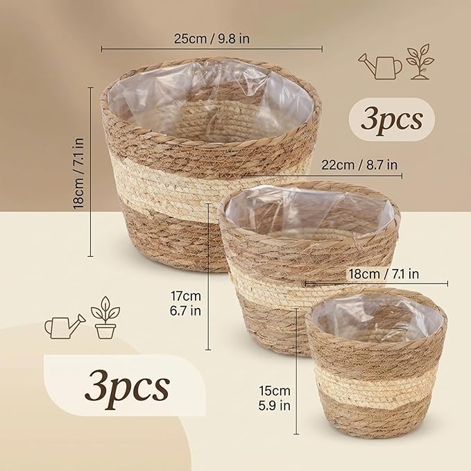 3PCS Woven Planter, Rustic Seagrass Baskets with Liners for Indoor Plants, Natural Rattan Plant Basket for Home Decor (3 Size), Set 2, Decoración del jardín