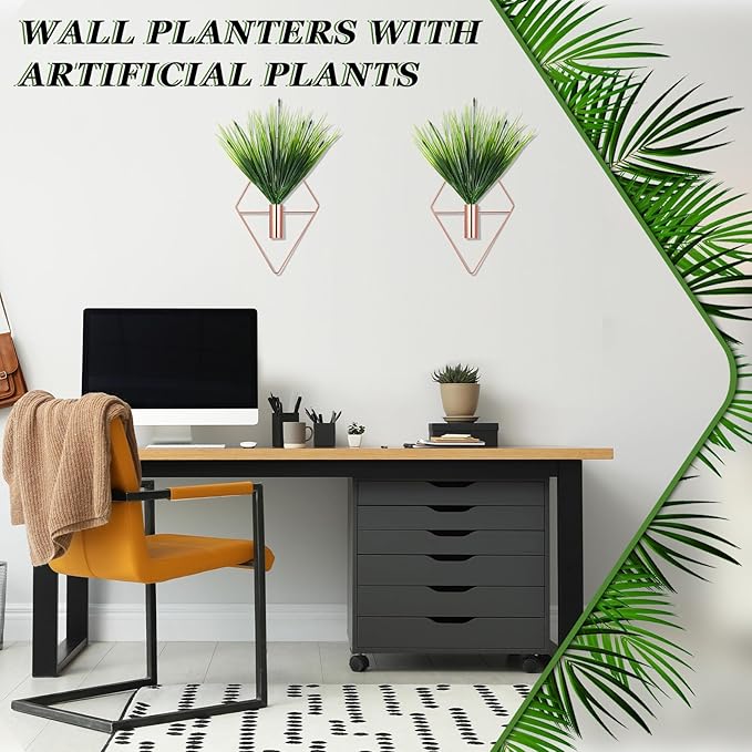 Canlierr 2 Pieces Wall Decor Hanging Planters with Artificial Plants Metal Hanging Vase Indoor Plants Holder Modern Boho Wall Art for Bathroom Bedroom Living Room Decor(Rose Gold,Aquatic Plant)