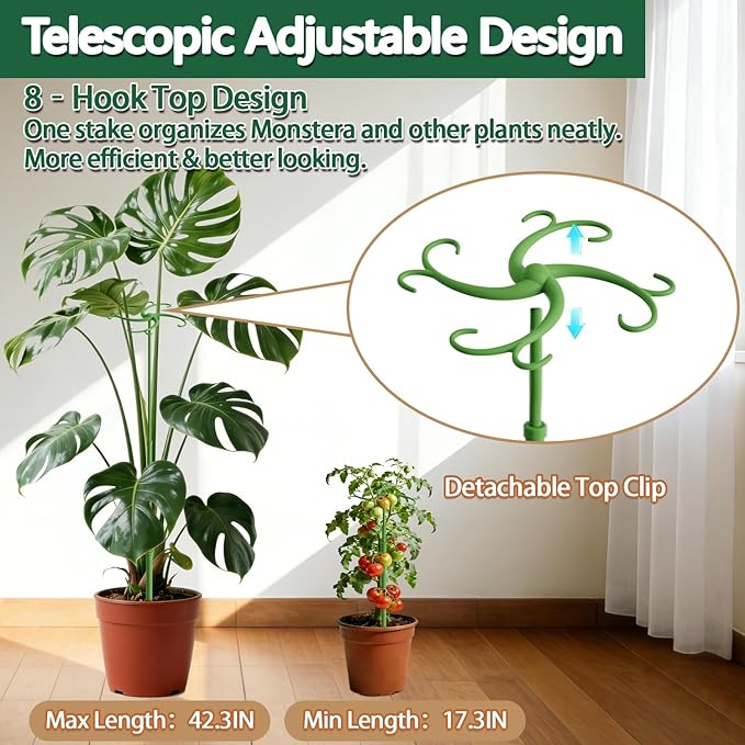 Telescoping Plant Support Stakes,3Pack 17.3 to 42.3IN Adjustable Monstera Plant Support,Garden Stakes with Clips,Sturdy Plant Sticks for Indoor Outdoor Plants, Orchid, Tomato, Vine,Monstera