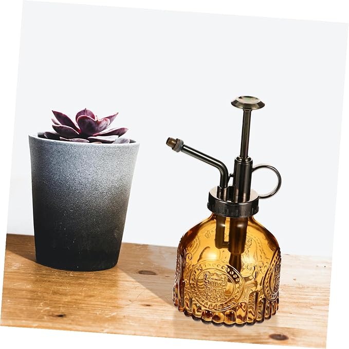 GALPADA Retro Embossed Glass Water Spray Can Manual Pump Misting Bottle for Houseplants Garden and Florals Lightweight Refillable and Portable Spray for Enhanced Plant Humidity Light Brown