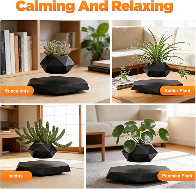 Magnetic Levitating Rotating Planter Pot - Floating Hexagon Flower Pot for Air Plants, Succulents, Bonsai | Modern Home Office Desk Decor, Soil-Free Hydroponic Planter in Black