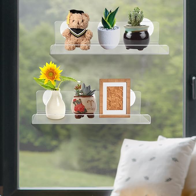 2 Pack Window Plant Shelves, 12 Inch Acrylic Suction Cup Shelves for Succulents, Herb Planters, Micro Greens, Bathroom Organizer, Display Stand & Cosmetics Storage