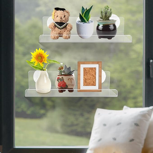 2 Pack Window Plant Shelves, 12 Inch Acrylic Suction Cup Shelves for Succulents, Herb Planters, Micro Greens, Bathroom Organizer, Display Stand & Cosmetics Storage