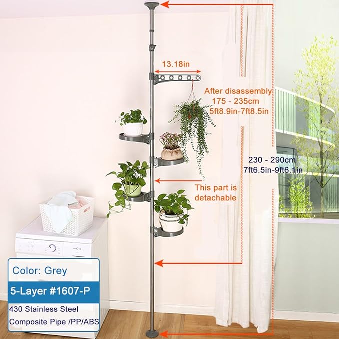 BAOYOUNI 5-Layer Tension Pole Plant Stands Indoor Metal Flower Display Rack Space Saver Floral Pot Hanging Shelf ,Grey
