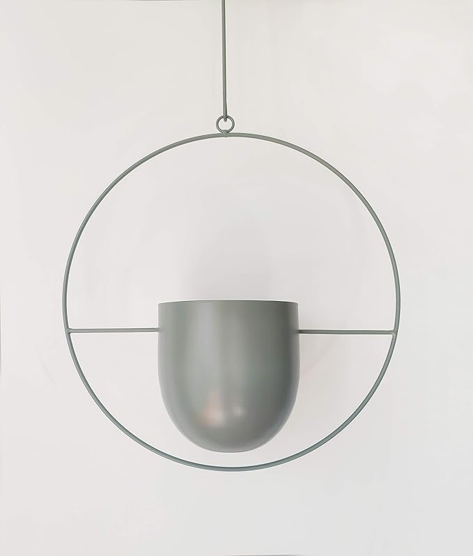 RISEON Boho Green Metal Plant Hanger,Metal Wall and Ceiling Hanging Planter, Modern Planter, Mid Century Flower Pot Plant Holder, Minimalist Planter for Indoor Outdoor Home Decor
