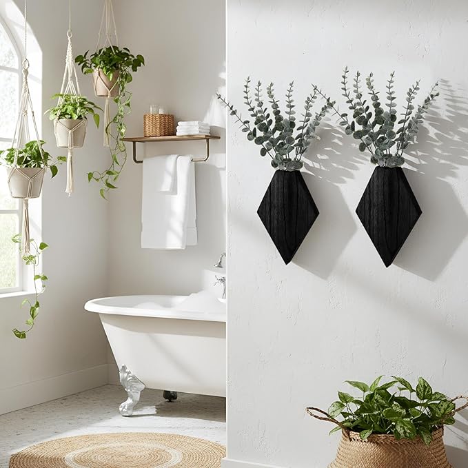 Chunful 2 Pcs Wooden Wall Planter Decor Hanging Faux Plants Greenery Flowers Holder Vase Boxes for Wall Bohemian Farmhouse Room Kitchen Office Indoor Decoration (Black,9.8 x 6.6 x 1.2 Inches)