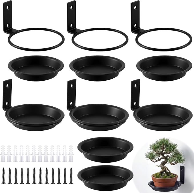 6 Pack 4'' Wall Mount Plant Holder with 8 Replaceable Trays, Heavy Duty Metal Flower Pot Holder Ring, Plant Hanger for Wall Indoor, Ring Planter Bracket for Outside Outdoor Bird Feeder Bath
