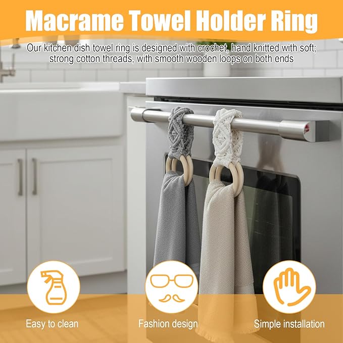 2 Pcs Kitchen Towel Holder, Dish c Hanger with Beech Wood Ring for Hanging Kitchen Towels, Cotton Crochet Dish Towel Holder for Kitchens, Over Cabinet Towels Holders (Grey and Beige)