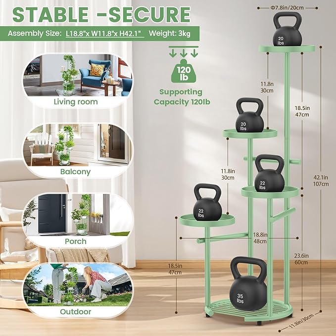 TOSKING 5 Tier Metal Plant Stand Indoor，Anti-Tip Round Base for Pots, Child & Pet Friendly,Plant Shelf, Corner Shelf Flower Pot Stand for Outdoor Plant Stand for Living Room Balcony Garden Patio Bedroom (Green, 42in)