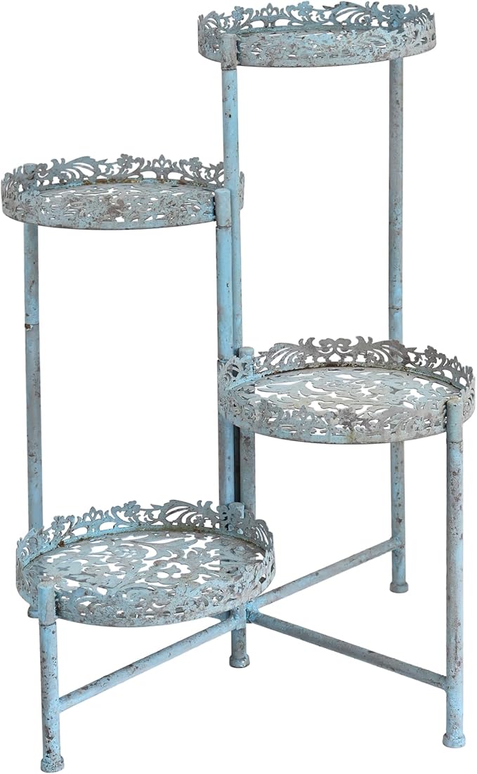 4 Tier Vintage Corner Plant Stand for Indoor Outdoor Distressed Metal Flower Pot Holder Shelves with Ornate Cutout Edges Multi-Level Planter Rack Display Corner Shelf Antique Foldable Tall Plant Shelf for Patio Porch Garden Balcony Living Room (Blue)