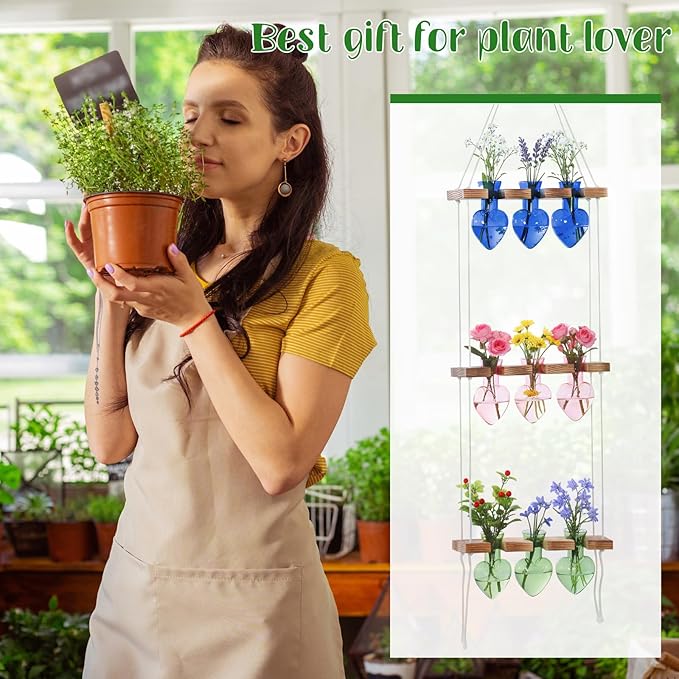 Leinuosen Wall Hanging Plant Propagation Stations Mother Gifts for Her Plant Lovers 3 Tiered 9 Heart Shaped Glass Vases Terrarium with Wooden Stand for Hydroponics Indoor Garden Home Decor(Multicolor)