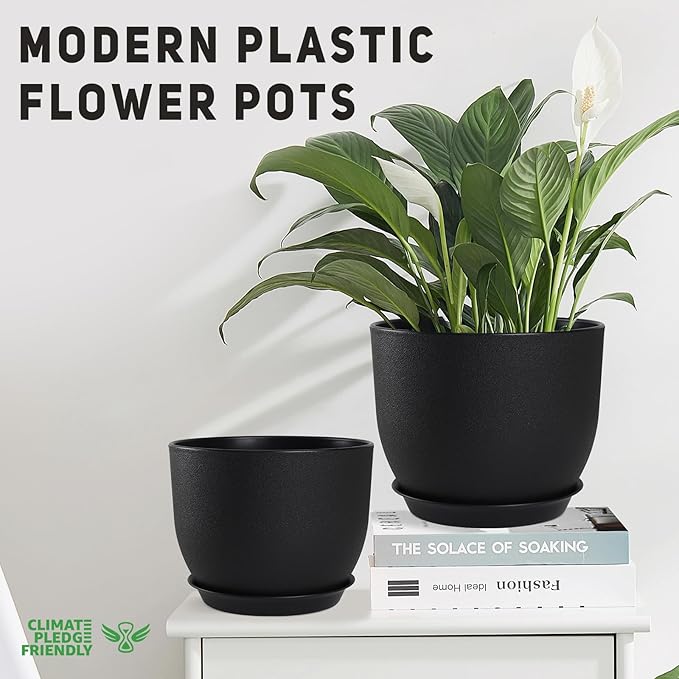YNNICO Plant Pots 10/9/8/7.5/7 inch Set of 5,Flower Pots with Multi Mesh Drainage Holes, Large Planters for Indoor Outdoor Garden Plants and Flowers. (Black)