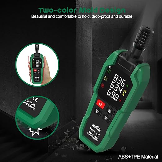 Temperature Humidity Meter, SQECH Digital Hygrometer with Ambient Thermometer,Dew Point,Wet Bulb,Flashlight,Max/Min,Data Hold,High Precision Psychrometer Monitor with Color Backlight for Home HVAC