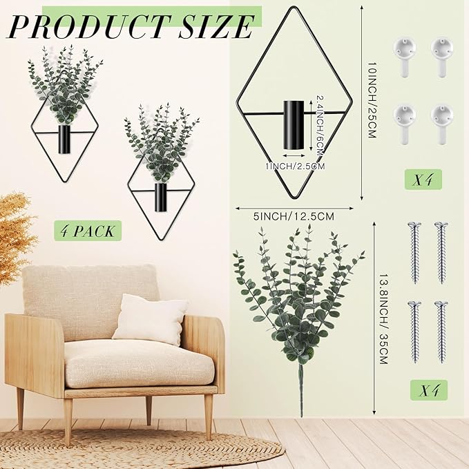 Jexine 4 Pcs Plant Wall Decor Diamond Shape Hanging Planters with Artificial Plants Geometric Wall Decor Metal Hanging Vase Indoor Holder for Living Room Bathroom Home(Eucalyptus)