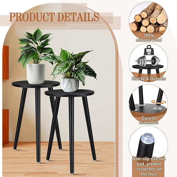 Briwooody 2 Pcs Wood Plant Stands Indoor Wooden Stool for Plants Mid Century Vintage Modern Flower Pots Holder Round Side Table End Table Plant Stools for Living Room Corner Balcony Decor(Black)