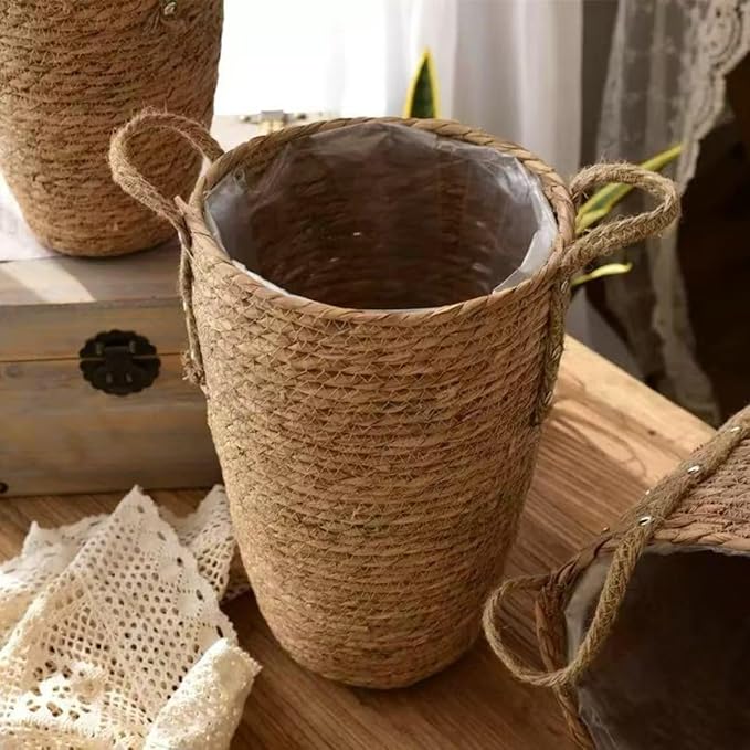 Tall Rattan Woven Planter Basket for Indoor Plants – Grass Flower Pot with Handles & PP Liner, Farmhouse Storage Basket, Multi-Functional Rustic Planter for Home Decor (Small)