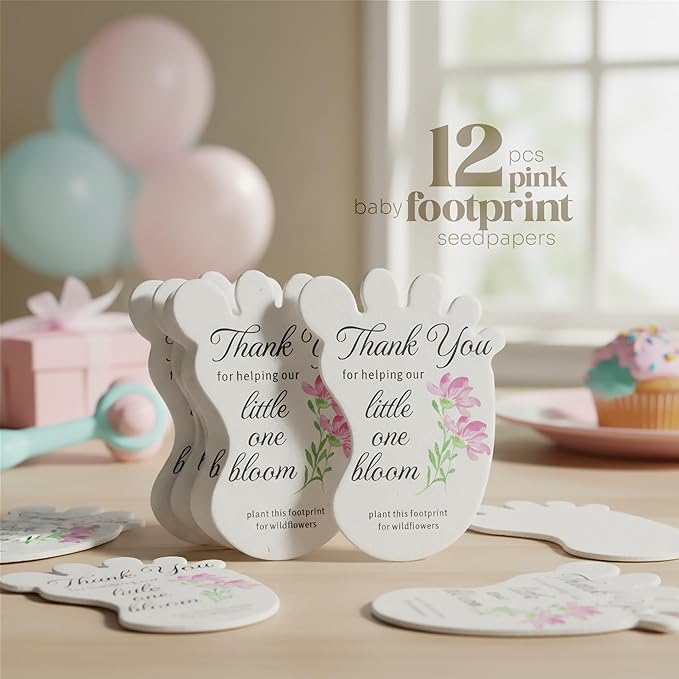12pcs Pink Footprint-Shaped Gift Tags with Wildflower Seeds - Writable Gift Wrap Tags for Baby Showers, Mother's Day Present, Party Favors, DIY Crafts, & Earth Day Decorations
