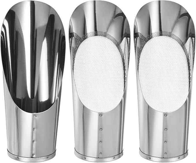 M METERXITY 1-Set Bonsai Soil Scoops, 2.8inch/7.2cm Stainless Steel Garden Soil Scoop Bucket Shovels and Soil Sifter for Transplanting/Flower Planting, Small Gardening Tools [Silver Tone]