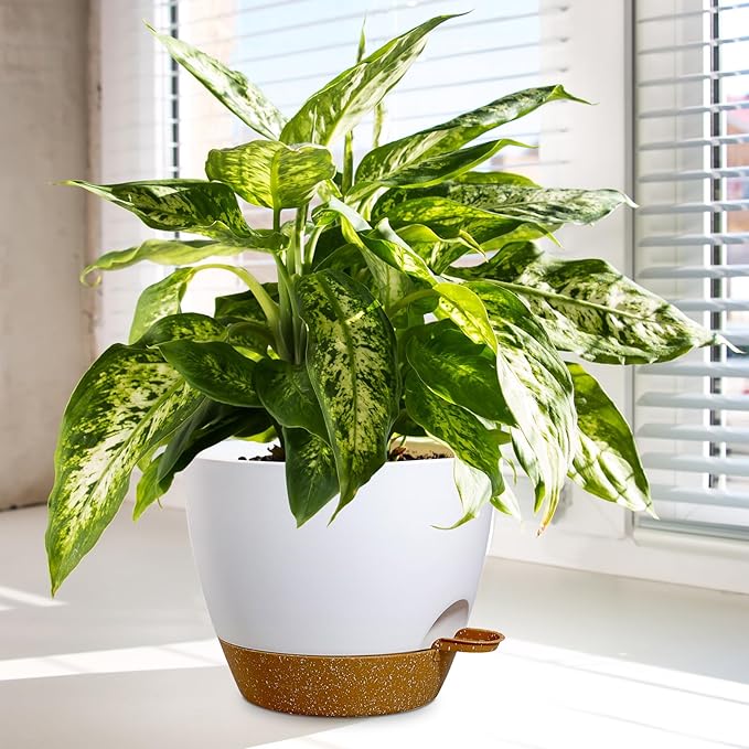 WSMKSZ 10/9/8 inch Medium Self Watering Pots, Planter, Plant Pots with Mesh Drainage Holes for Indoor Outdoor Garden Plants, Plastic Flower Pots with Removable Deep Reservoir, White with Brown
