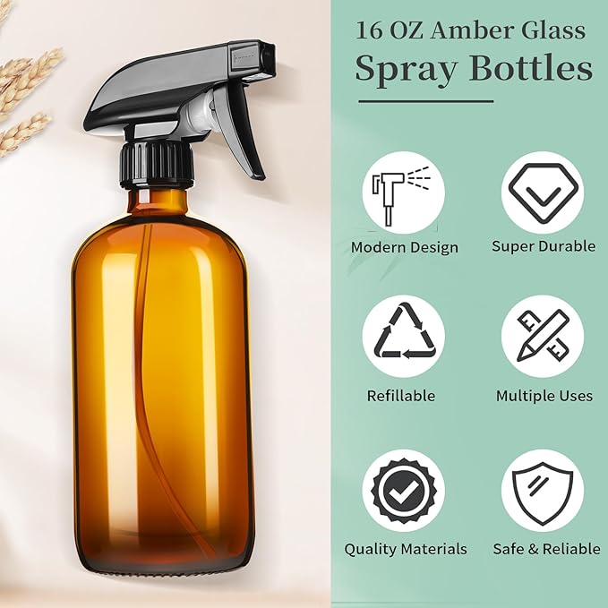 GIVAMEIHF 16oz Amber Glass Spray Bottles,2 Pack Glass Spray Bottles Refillable Empty Bottle with Adjustable Nozzle,Spray Bottle for Essential Oils,Cleaning,Pets,Hair Mister
