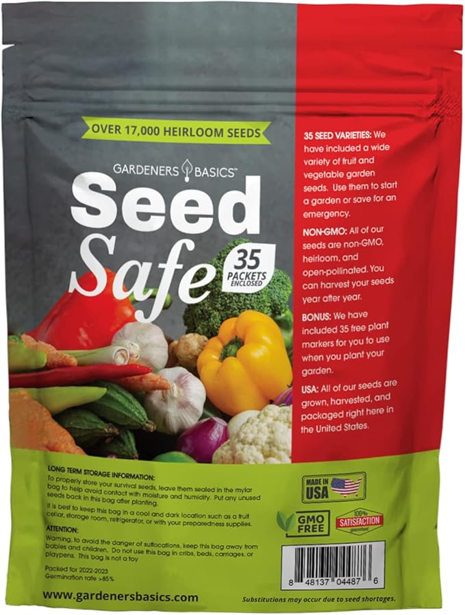 Gardeners Basics Seed Safe Kit - 35 Easy to Grow Heirloom Vegetable Seeds for Beginners - Non GMO Garden Starter Set with 17,000+ Seeds - Gardening Gift for Families