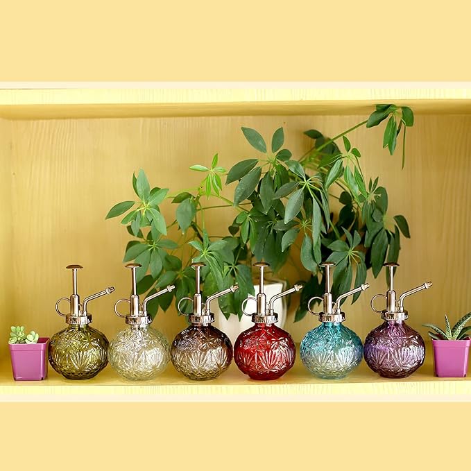 Hniuyun Glass Plant Mister Spray Bottle, 6.5inch Tall Vintage Round Spritzer with Bronze Plastic Top Pump for Watering Your Garden (Blue White Gradient)