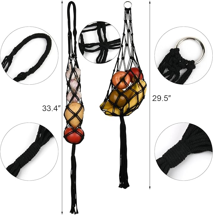 Beautyflier 2 Pieces Macrame Hanging Fruit Basket, Wall Hanging Potato Onion and Fruit Boho Fruit Holder Net for Kitchen Decor (Black)