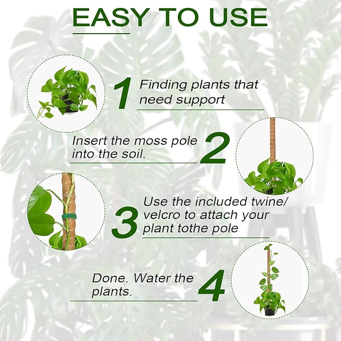 Deergo 4Pack 30 Inch Bendable Moss Pole for Plants Monstera, Coco Coir Plant Support Pole for Small Climbing Plants Grow Up