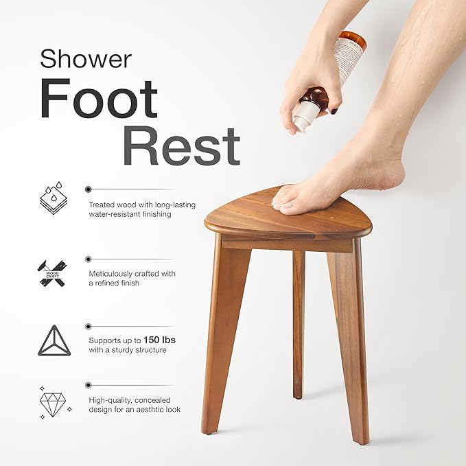 HOLANA Corner Shower Foot Rest - Wooden Showers Stool Seat for Shaving Legs - Small Corner Shower Benches for Inside Shower - Waterproof Bath Step Stools Bench for Bathroom