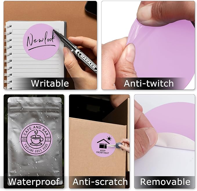 Purple Circle Thermal Labels Vinyl 3 Inch Self-Adhesive Round Stickers Roll Waterproof Printer Decals Name Tag for QR Code DIY Office Address 500 PCS