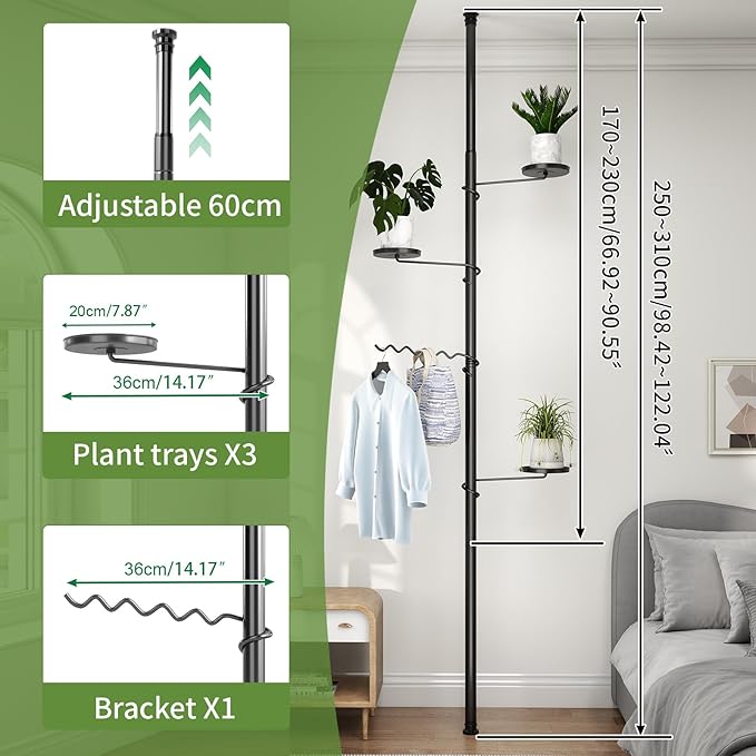 BAOYOUNI 4 Tier Indoor Plant Pole Stand Tension Rod Adjustable Flower Display Rack Spring Loaded Floral Hanger Storage Shelf with 3 Trays & 1 Wave Hook , Black (3 Trays & 1 Wave Hook, 4 Tier)
