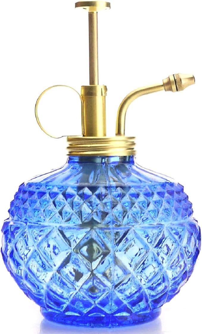 Plant Mister- Blue Color Glass Bottle & Brass Sprayer (Matt Gold)