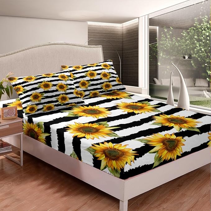 Sunflower Sheet Set Twin Size For Girls Cute Floral Decor Bedding Set Women Teens Ultra Soft Black White Stripe Flowers Kid's Bed Sheets with Deep Pocket, 1 Flat Sheet, 1 Fitted Sheet, 1 Pillowcases