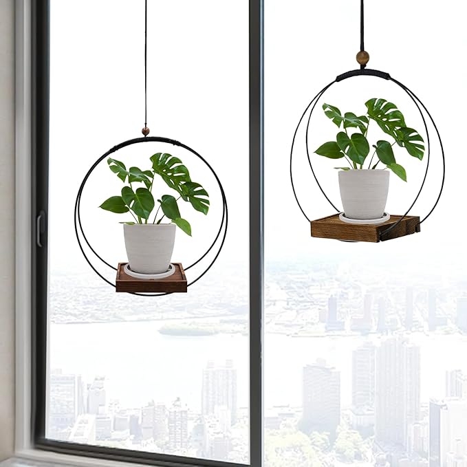 hismocal Hanging Planter for Indoor Plants,Plant Hanger with Sturdy Wood Base & Pot, Modern Boho Macrame Plant Hanger,Wall Ceiling Window Stands(2 Pack+Pots)