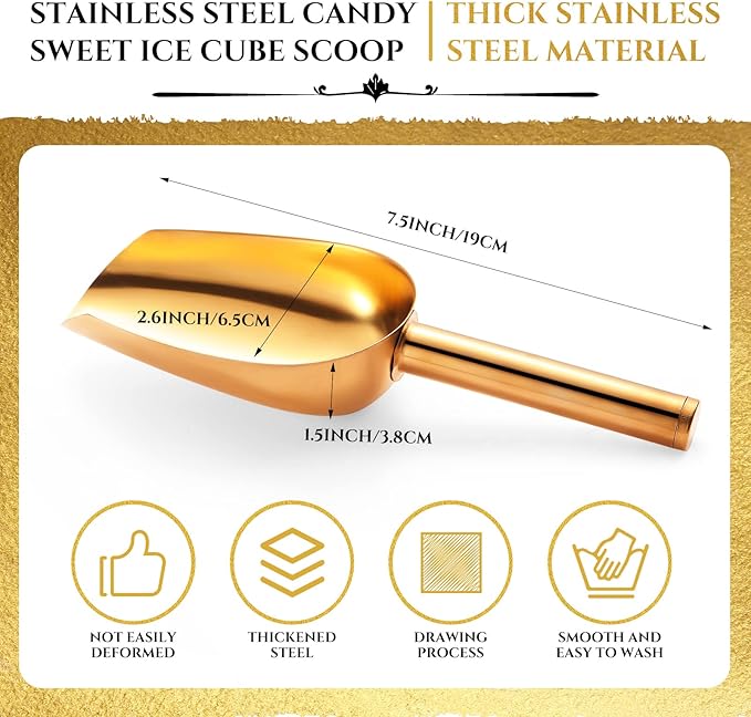 Roshtia 6 Pcs Gold Ice Scoops Stainless Steel Mini Scoop Candy Scoops for Kitchen Dispenser Buffet Jars, Scooping Coffee Bean, Sugar, Flour, Spice (5 oz)