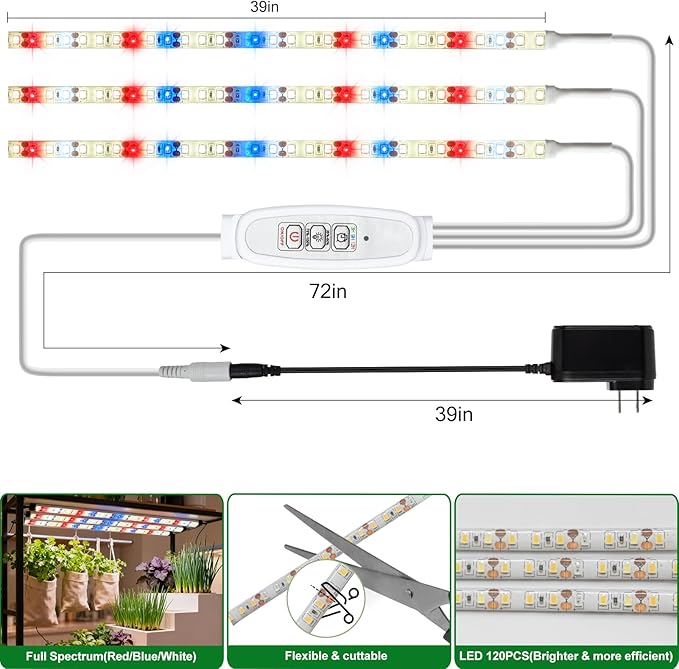 DBFAIRY Grow Strip Lights for Indoor Plants,Waterproof LED Full Spectrum Plant Grow Light Strip Plug-in Grow Tape Light with Timer Dimmable for Greenhouse Seed Starting (3.28FT/ 120 LED)